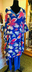 RFSS2009 -Pure Chiffon Printed Kaftan In Blue With Tulip Pants And Potli
