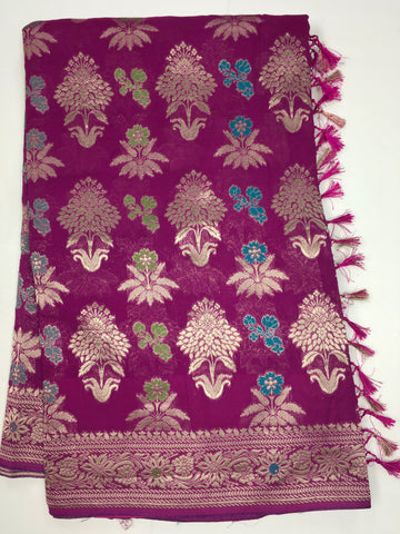 BKS107 Banarasi Georgette saree in pink. Come with stitched blouse size 38 can be altered to size 42. Fall peco done.