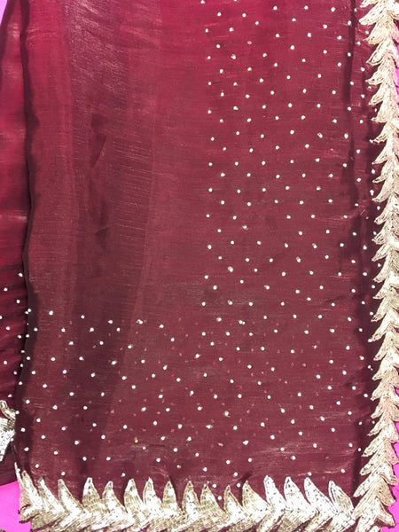 AFL3054 Partywear saree in wine with silver embroidery.Comes with stitched blouse size 40,can be altered to 44 size.Fall peco done.