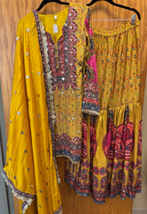 DPP006-Long yellow kurti with gharara, potli, and dupatta with heavy mirror work
