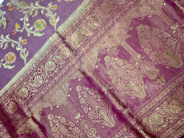 BKS113 Banarasi Georgette saree in purple. Comes with stitched blouse size 38 can be altered to size 42. Fall peco done.