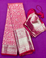 KSS409 Pure kanchipuram silk Saree in pink with gold zari border.comes with stitched blouse size 40,can be altered to 44 size.
