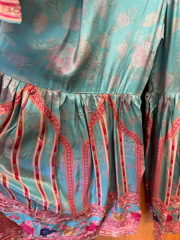 DPD009-Blue long kurti, sharara pants, and dupatta with flower print