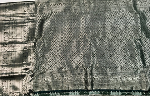 KSS514 Pure kanchipuram tissue silk Saree in gray with  bottle green color gold zari border. comes with stitched blouse size 40,can be altered to 44 size.