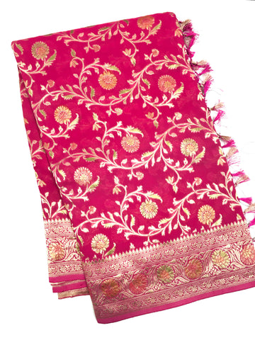BKS109 Banarasi Georgette saree in pink. Come with stitched blouse size 38 can be altered to size 42. Fall peco done.