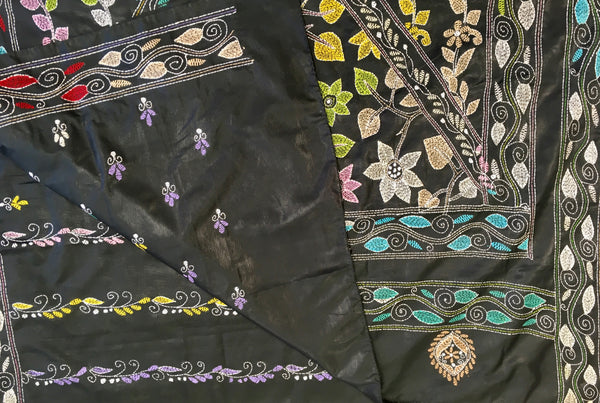 KSN202 - Semi Silk Kantha Tusser Saree in gray hand work design. Fall Peco done. Comes with stitched Blouse size 38 it can be altered to 44 size.