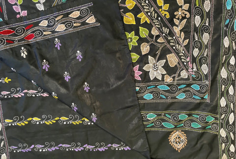 KSN202 - Semi Silk Kantha Tusser Saree in gray hand work design. Fall Peco done. Comes with stitched Blouse size 38 it can be altered to 44 size.