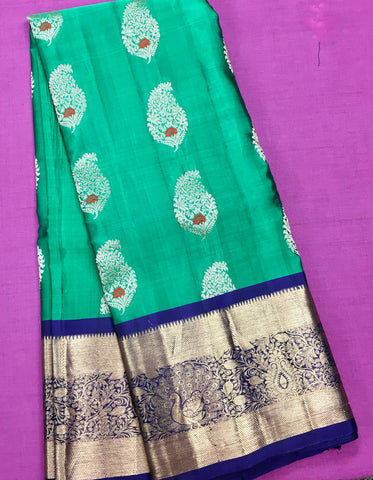 KSS404 Pure handloom kanchipuram silk Saree in greenery with blue gold zari border.comes with stitched blouse size 40,can be altered to 44 size.