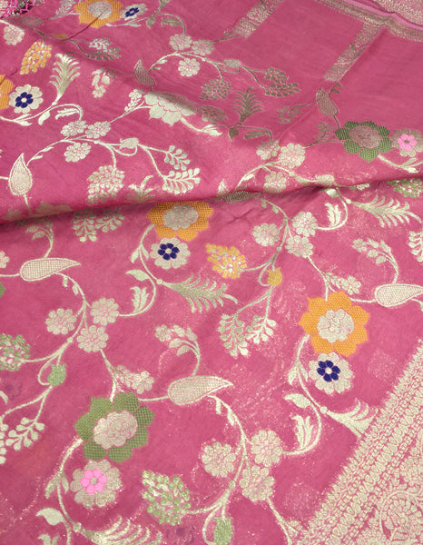 BKS101 Banarasi Georgette saree in pink. Comes with stitched blouse size 38 can be altered to size 42. Fall peco done.