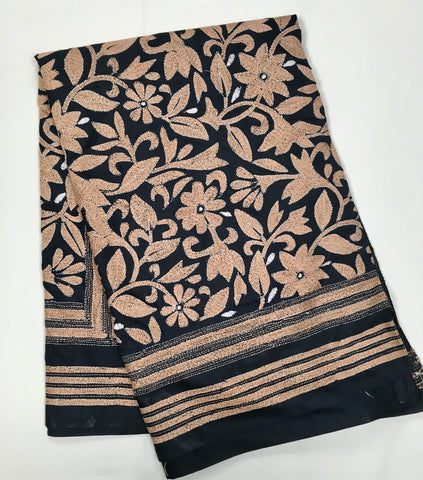 KSN214 Semi Silk Kantha Tusser Saree in black. Comes with stitched Blouse. Fall peco done.