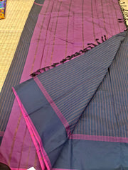 KSS322 Semi Silk Arani Pattu Saree w/ Stitched Blouse In Black w/ Pink Salvage. Fall Peco done. Stitched blouse size: 38 to 46.