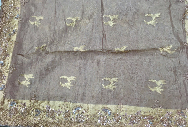 AFL8005 Pure banarasi crepe tissue saree in beige with heavy hand embroidery party wear Saree.comes with stitched blouse size 38 can be altered to 44 size.