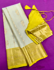 KSS456 Pure handloom kanchipuram silk Saree in sandal yellow with yellow gold zari border.comes with stitched blouse size 40,can be altered to 44 size.