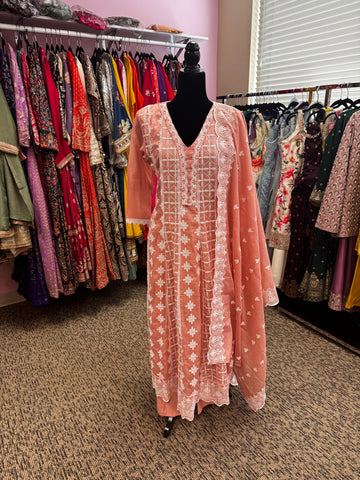 Pnk408: Beautiful long kurta, pants, and dupatta in Green and Peach