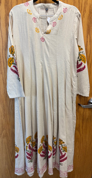 JPD014-White long dress with flower design on sleeves, neckline, and border