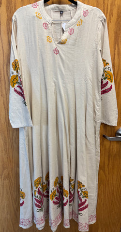 JPD014-White long dress with flower design on sleeves, neckline, and border