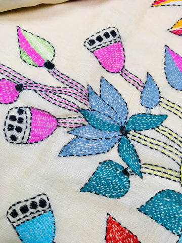 KSN219 Pure Silk Kantha Tussar Saree in beige. Comes with stitched blouse. Fall peco done.