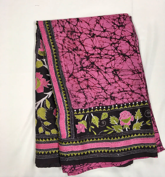 KSN224 Pure Silk Kantha Tussar Saree in pink and brown. Come with stitched blouse size 38. Fall peco done.