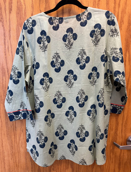 JPD007-Grass green short kurti with blue flower pattern