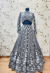 AFL1053-Georgette Lehenga in Black comes with chikankari and multi color embroidery and  with Net Dupatta. Also Comes with a matching stitched blouse.