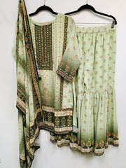 PNK019- Light green digital print suit in chiffon with gharara.