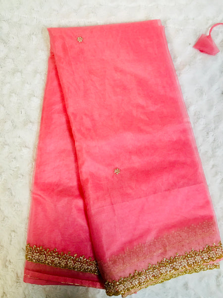 AK004 -Silk organza saree hand work border. Comes with stitched blouse size 38, can be altered to size 42