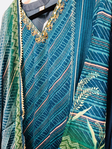 RBD024-Blue floral print chinnon suit with dupatta.