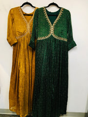 RFSS1513 - Party wear Chinnon Bandhini Printed gown in Aliya cut comes  with hand embroidered on the yoke and with dupatta.