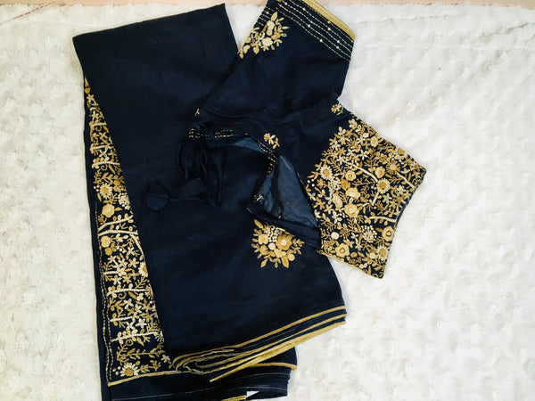 AK001 - Pure Russian silk saree with french knot bullion work Pallu. Comes with Stitiched Blouse.