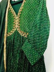 RFSS1513 - Party wear Chinnon Bandhini Printed gown in Aliya cut comes  with hand embroidered on the yoke and with dupatta.