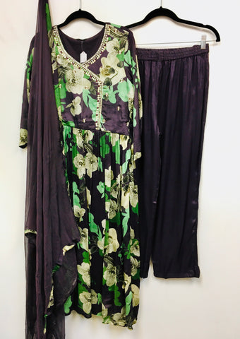 RBD056- Dark purple and green chinnon suit with dupatta.