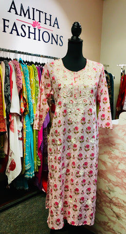 RFSS1756 - Cotton Pink Jaipuri Print Lucknowi Kurta
