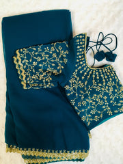 AK002 -Pure georgette saree with handwork cutdana border. Comes with stitched blouse size 38, can be altered to size 42