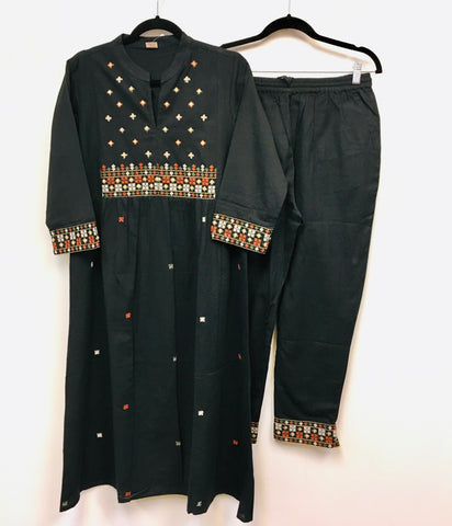 HHR008- Black cotton embroided yoke kurta with pants.