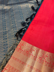 HPSS16 - Pure Silk Kanjivaram Saree in Red with Annam motif on the Border and contrast Peacock Blue Pallu
