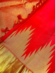 HPSS28 - Pure Handloom Silk Kanjivaram Desginer Saree in Red with Temple Border and full Zari Pallu