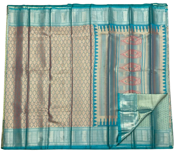 HPSS601 - Banarasi Soft Silk Saree in Gold with Blue Border. Comes with stitched blouse