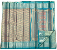 HPSS601 - Banarasi Soft Silk Saree in Gold with Blue Border. Comes with stitched blouse