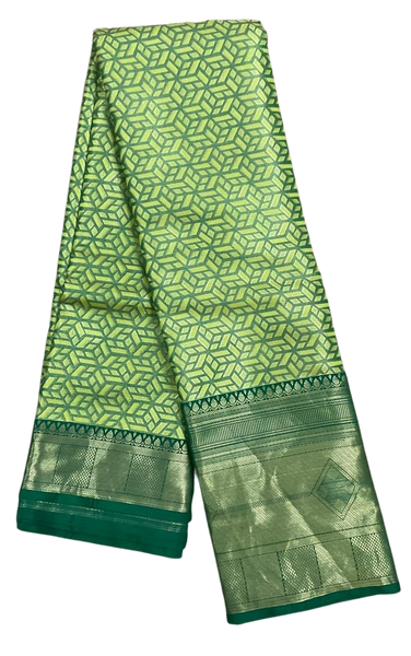 HPSS602 - Banarasi Soft Silk Saree in Lime Green with Bottle Green Border. Comes with stitched blouse (size 38, can go up to size 42). Fall Peco Done.