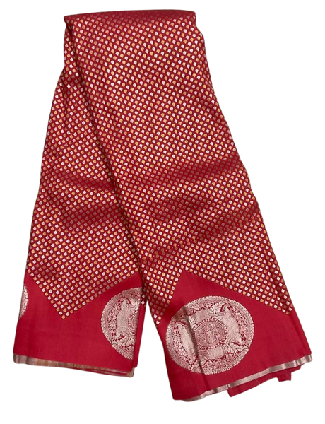 HPSS603 - Banarasi Soft Silk Saree in Red with Gold and Silver Butti all over the saree and coin butti on Border. Comes with stitched blouse (size 38, can go up to size 42). Fall Peco Done.