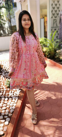 RFSS1760 - Printed Cotton Summer frock in Pink. Comes with pure chiffon sleeves