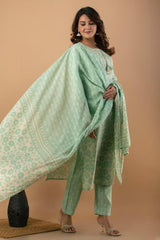 RFSS1151 - Muslin Full Suit in Light Green with Shibori Print. Has Embrodiery on Yoke. Comes with Muslin straight Pants and Dupatta