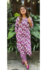 RFSS1131 - Jaipuri Mul Cotton Kurta in White with Purple Floral Print. Comes with Balloon Pants