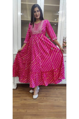 RFSS1156 - Jaipuri Lehriya Cotton Floor length Gown with Emroidery on Yoke and tassles on the side.