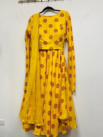 RFSS1016 - Muslin Silk Lehenga in Yellow with embroidery on Belt. Comes with Yellow Crop top and Dupatta.