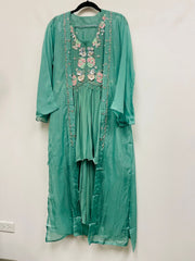 RFSS1035 - Designer Heavy Embroidered Kurta in Sea Green. Comes with Chiffon Sharara and Organza Embroidered Jacket.