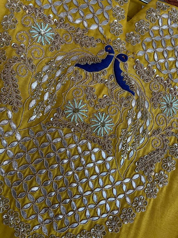 RFSS1111 - Designer Party Wear Suit in Mustard with Peacock Emroidery Gota work on neck. Comes with blue Sharara and Mustard yellow Dupatta