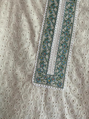 RFSS1136 - Cotton Hakoba Suit in Off-White. Comes with straight Pants and Blue Chiffon Printed Dupatta