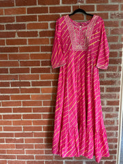RFSS1156 - Jaipuri Lehriya Cotton Floor length Gown with Emroidery on Yoke and tassles on the side.