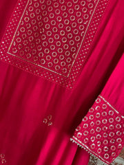 RFSS1158 - Full Suit in Soft Linen Cotton in Red with Sequin Embroidery work on Yoke. Comes with Balloon pants and Mul Cotton Dupatta